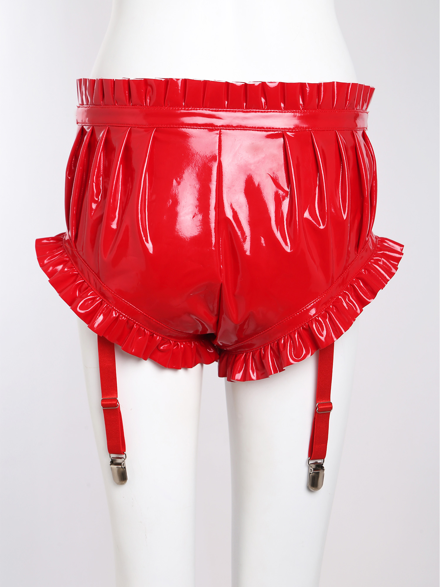 Shorts en similicuir effet mouillé pour femme, sexy, froncés à volants, taille haute, coupe ajustée, avec jarretelles, pour clubbing et soirées.