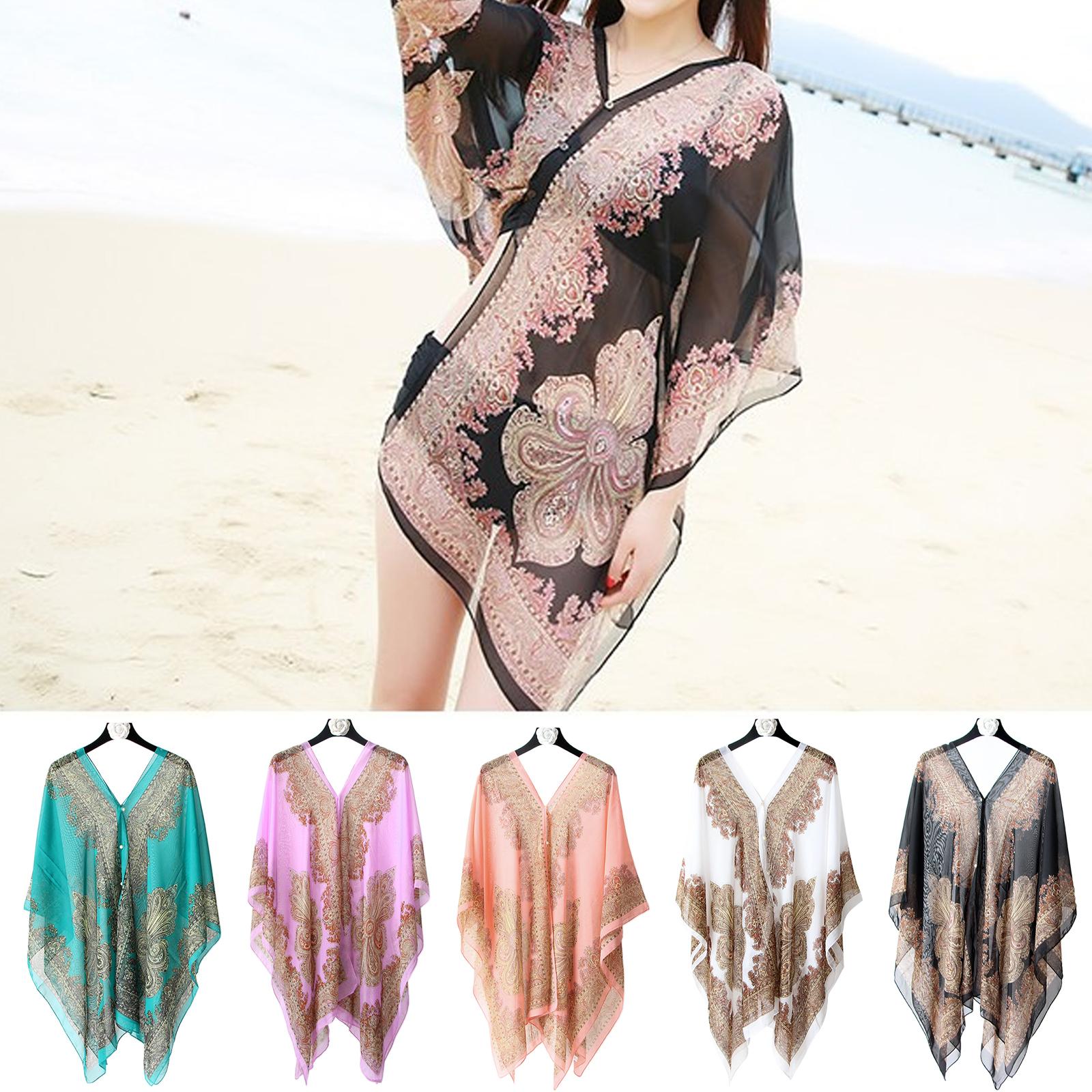 Châle de protection solaire en mousseline de soie pour femmes, vêtements de plage, bikini d'été, couverture adt, chemisier, écharpe avec boutons, mode