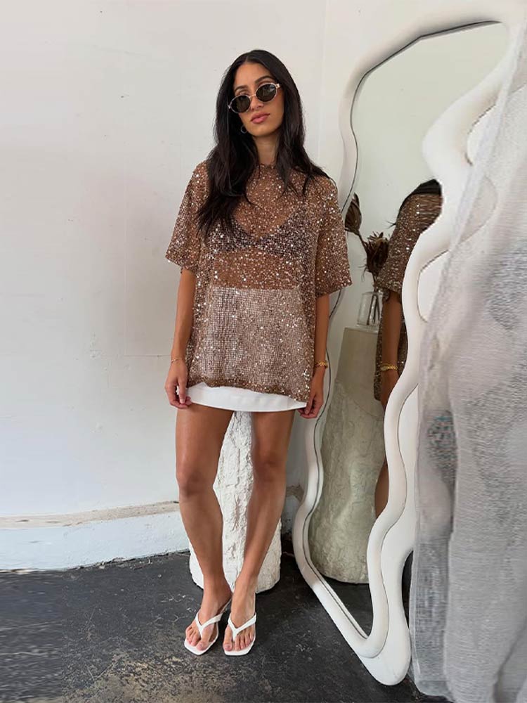 Sexy transparent perles haut femmes col rond manches longues évider hauts femme 2025 printemps été mode décontracté dame pull