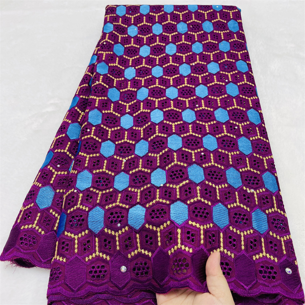 Tissu africain en voile suisse 100 % coton de luxe pour robes de mariée et de soirée, élégant et orné de pierres