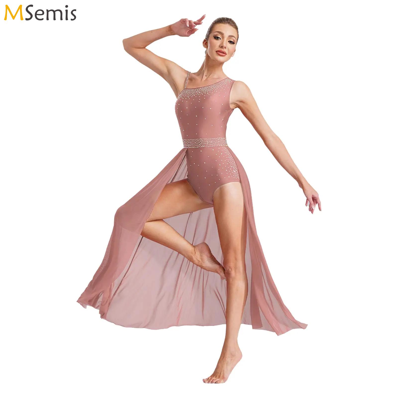 Costume de danse lyrique de Ballet pour femmes, robes justaucorps avec strass, sans manches, maille fendue, robe superposée, vêtements de danse contemporains modernes
