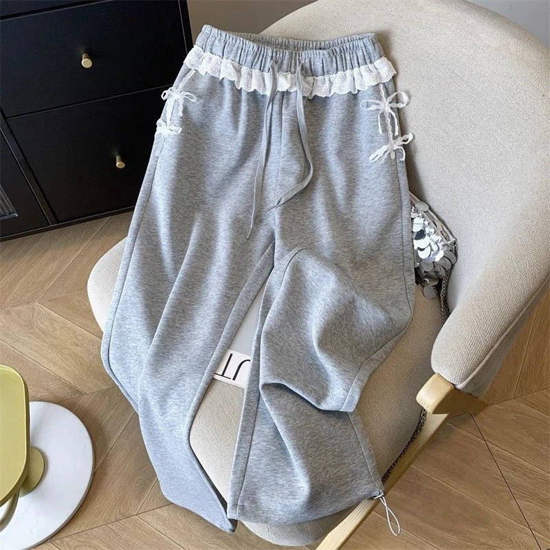 Pantalon de survêtement en dentelle grise pour femmes, taille haute, doux, mode coréenne, ample, élégant, assorti avec tout, jambes larges