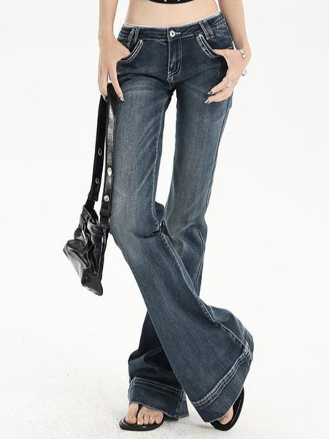 Jean bootcut vintage délavé taille basse pour femme, coupe légèrement évasée, style rétro Y2K