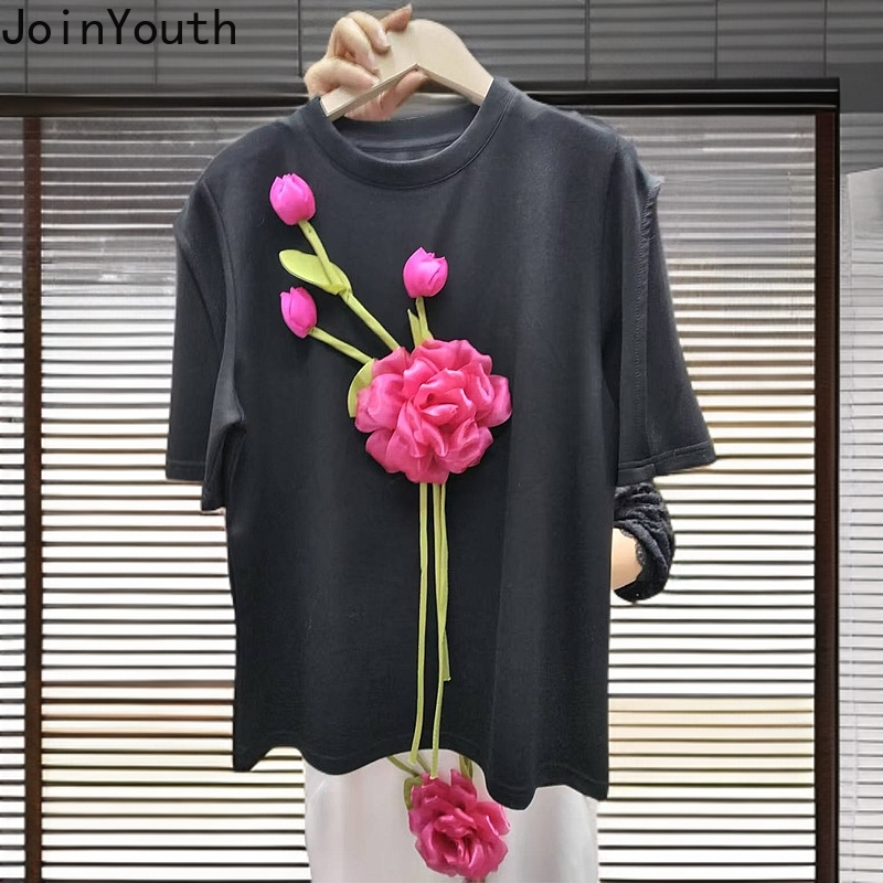 Chic 3D Floral t-shirts pour femmes 2025 Ropa Mujer à manches courtes col rond Camisetas t-shirts d'été décontracté doux ample blanc T-shirt