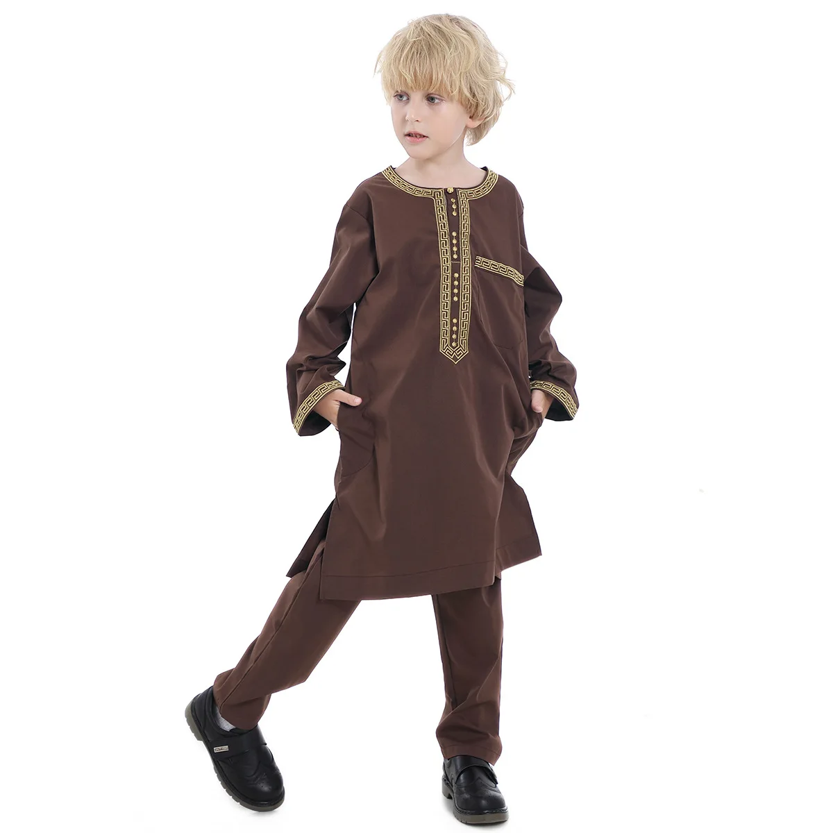 Robe musulmane pour enfants, ensemble 2 pièces, col rond, manches longues, robe imprimée, chemise, Abaya, Kaftan, Jubba, Thobe, vêtements islamiques