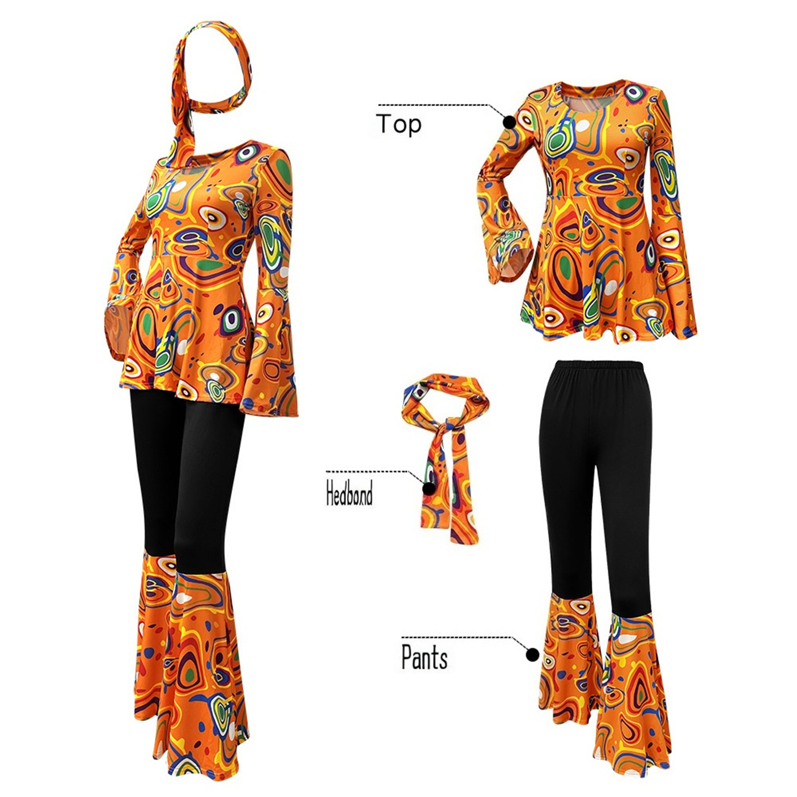 Tenues pour femmes des années 60 et 70, ensemble de costumes hippies, robe disco, pantalon évasé bohème, chemise hippie, bandeau