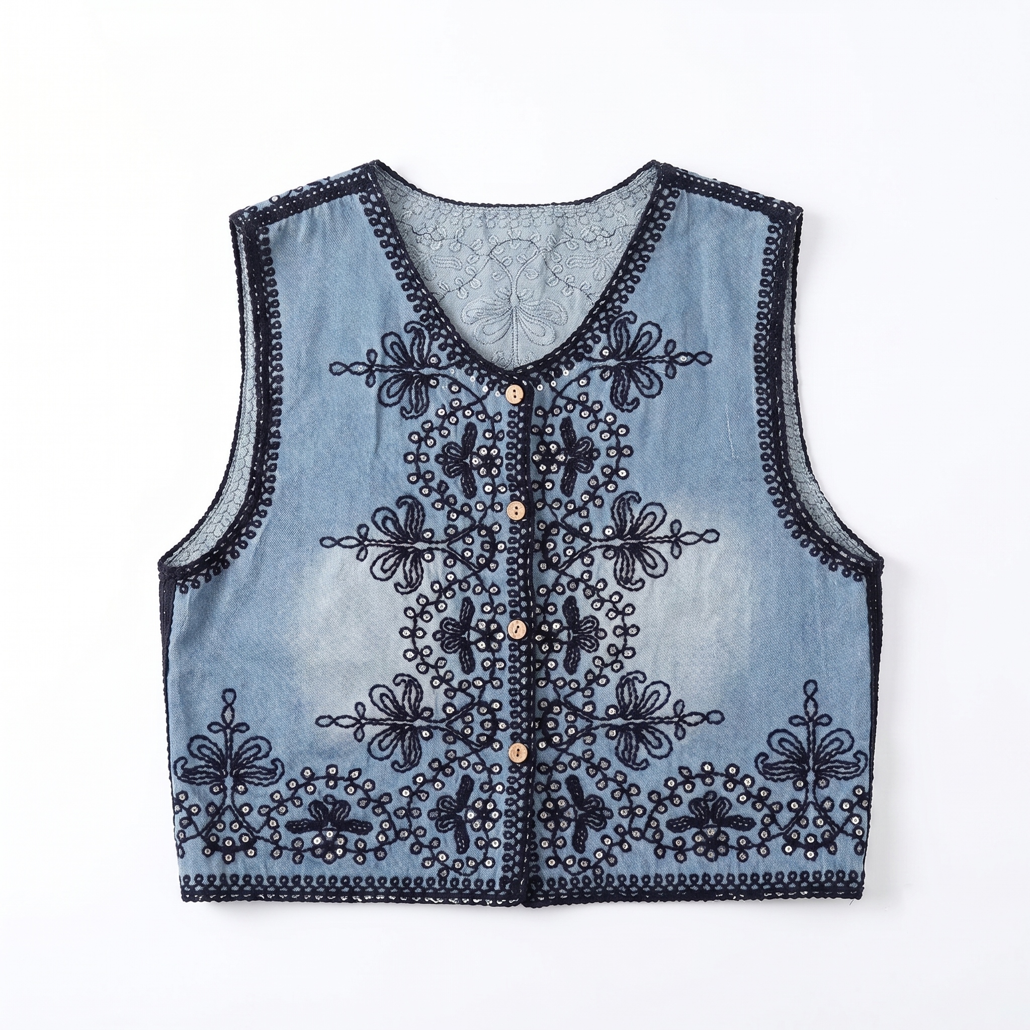 Boho Queens bohème Denim paillettes broderie jarretelle gilet frange veste Cowgirl gland gilet Vintage gilet Streetwear