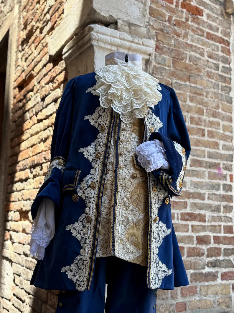 17ème-18ème siècle Louis XIV Era Baroque Rococo mode homme robe de soirée bleue luxueux costume brodé costume de carnaval vénitien