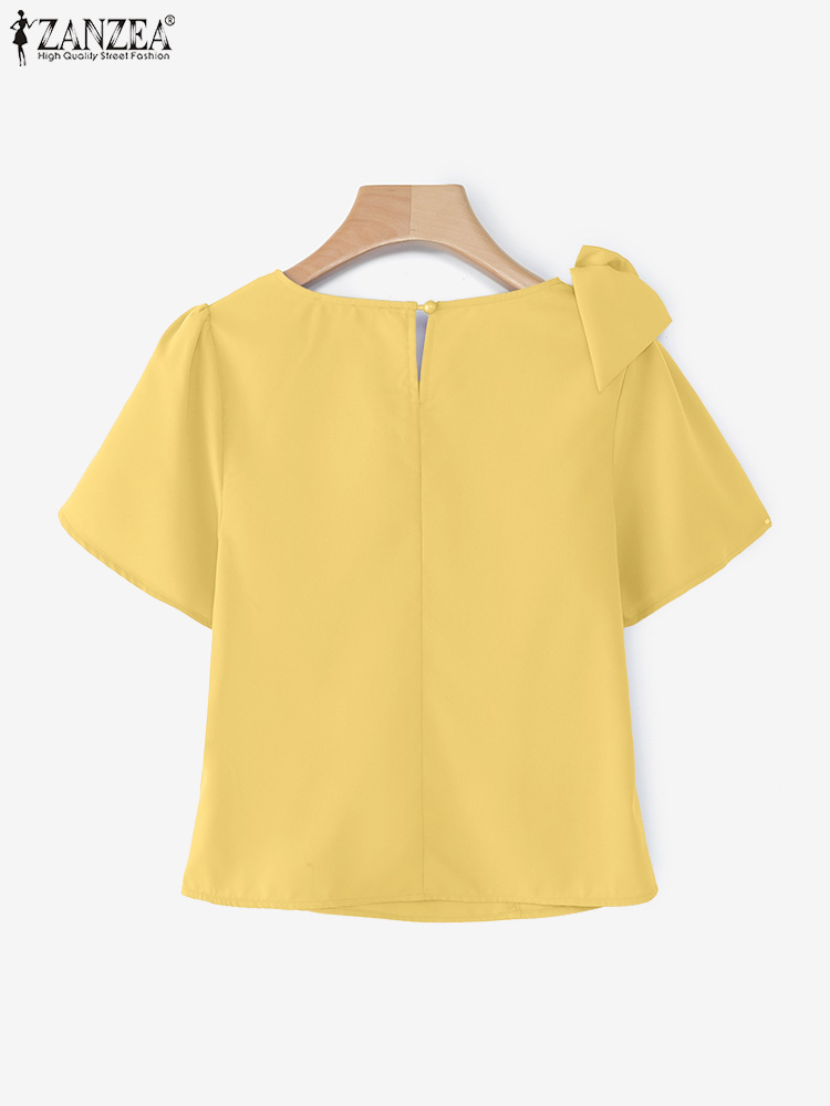 Femmes Blouse ZANZEA élégant bureau dame été manches courtes bouffantes nœud mode chemises 2025 décontracté couleur unie hauts tunique Blusas