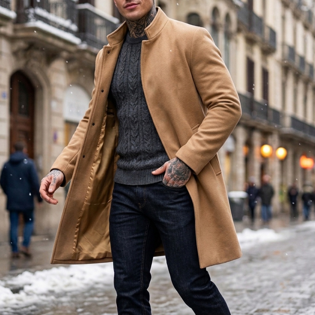 Manteau trench à double boutonnage pour homme, hiver |   Veste longue coupe-vent et chaude |   Manteau long décontracté à style streetwear professionnel