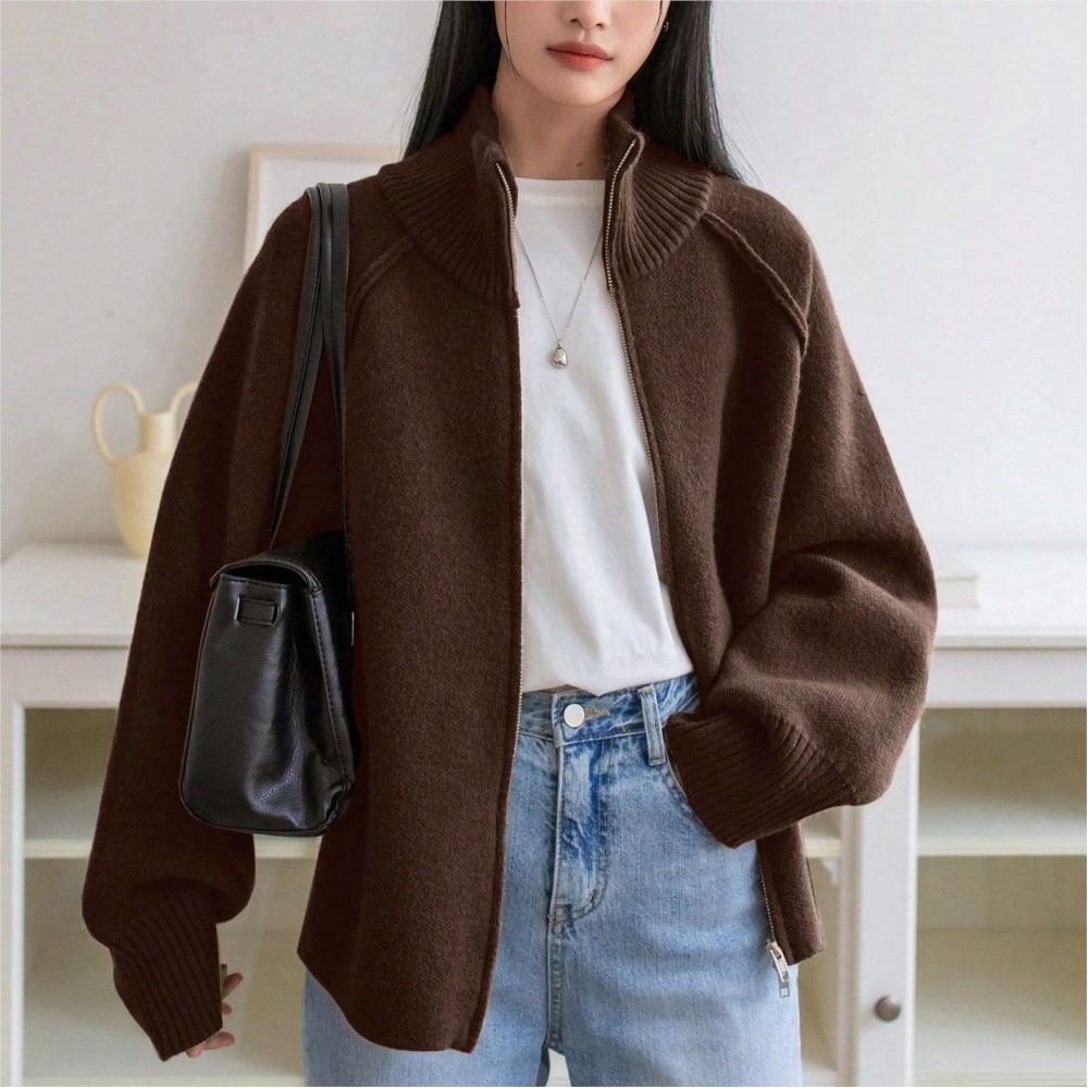 Veste pull pour femme, couleur unie, col montant, fermeture éclair, cardigan tricoté, style ample et simple, polyvalent et élégant