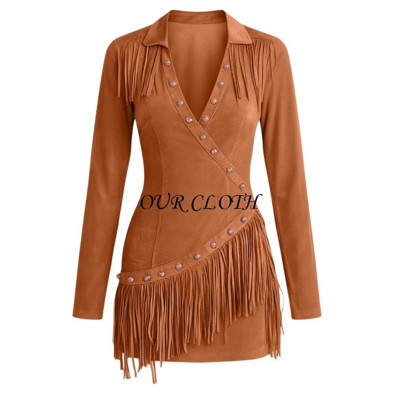 Robe occidentale pour femmes, robe rétro à manches longues à franges, robe soirée Cocktail à fermeture éclair à revers