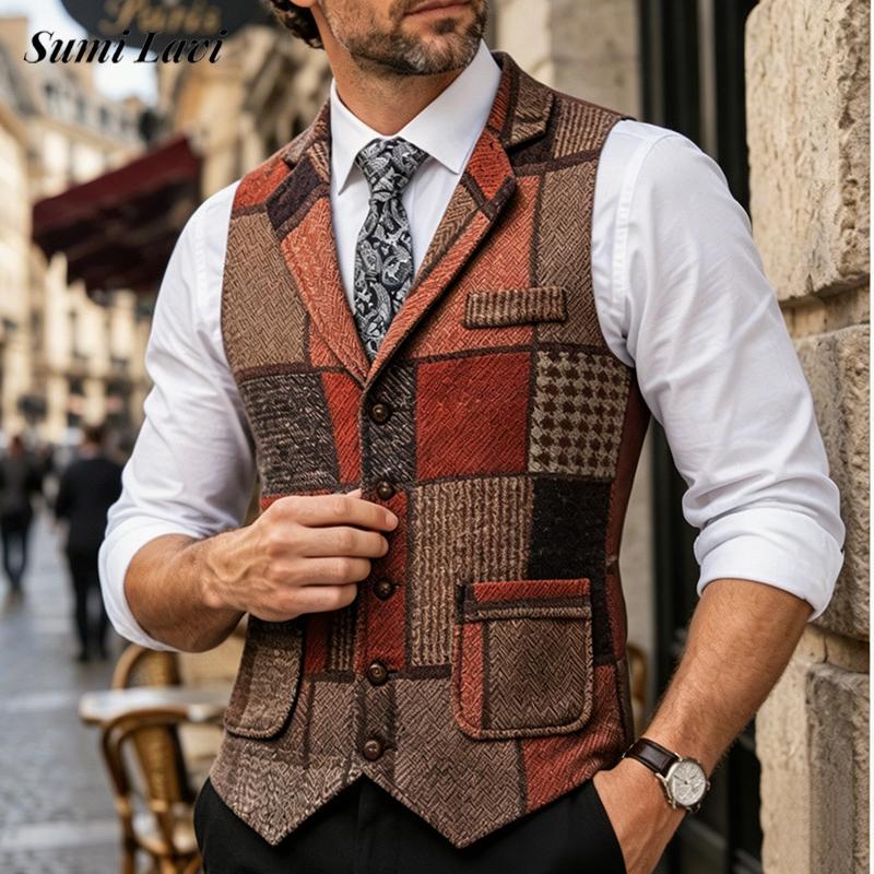Débardeurs patchwork décontractés pour hommes, style vintage, à col en V et couleurs contrastées, pour l'automne-hiver 2026, gilets sans manches pour l'extérieur.