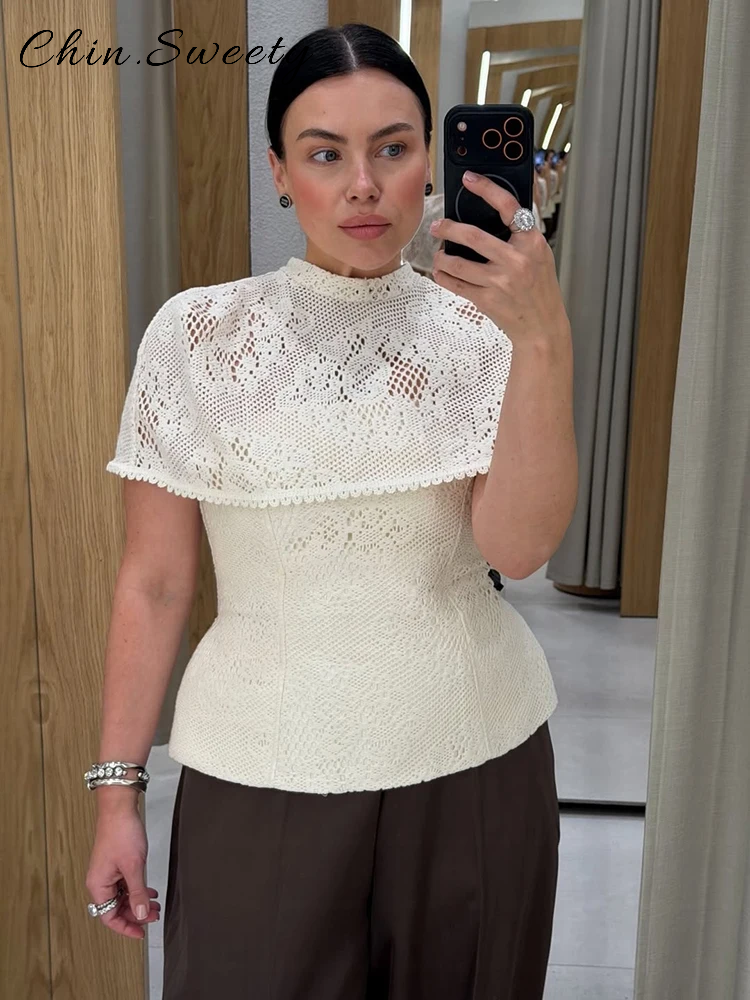 Élégant haut châle en dentelle ajourée pour femme, taille cintrée, col rond, manches courtes, collection été 2026, mode féminine