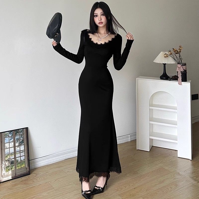 Robe en dentelle à manches longues pour femmes, vêtements esthétiques serrés, Kpop, Corset bon marché, décontracté, rétro, complet, Harajuku, robes moulantes pour femmes
