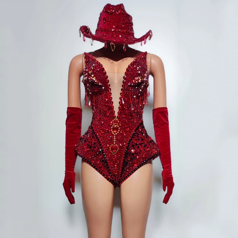 Tenue de Festival de chanteur pour femmes, Bar, discothèque, Dj Ds Gogo, vêtements de pôle danse, argent rouge, strass complets, chapeau de body