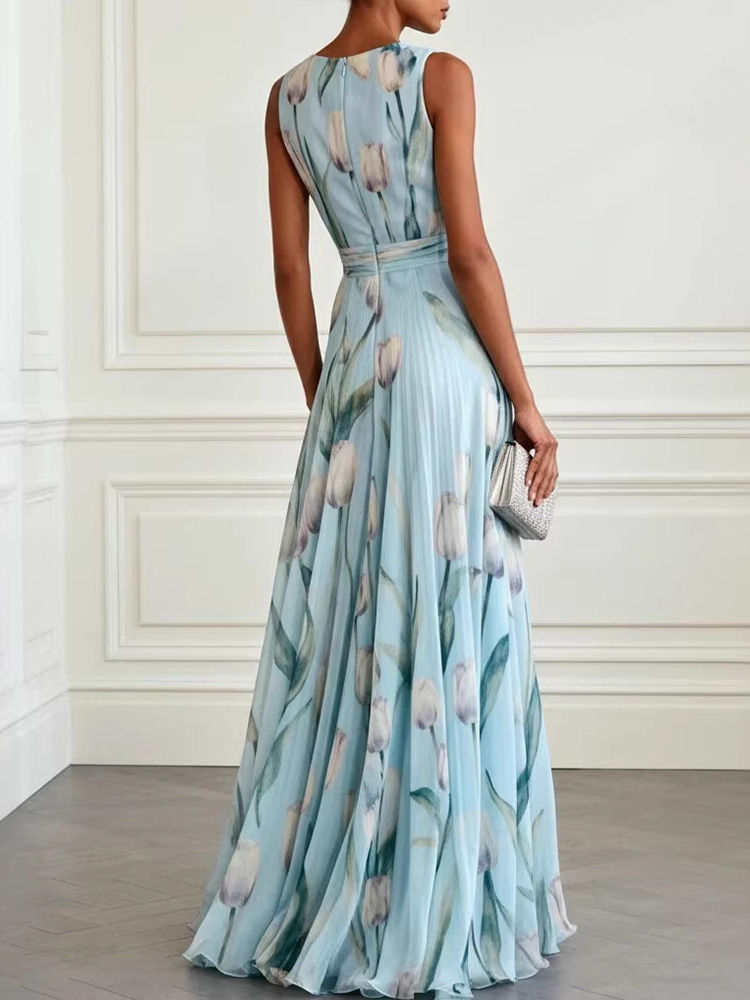 Robe longue fluide DFCF pour banquet, robes maxi décontractées, nouvelle robe de soirée longue en mousseline de soie à imprimé tulipes, sans manches, col en V, robe élégante