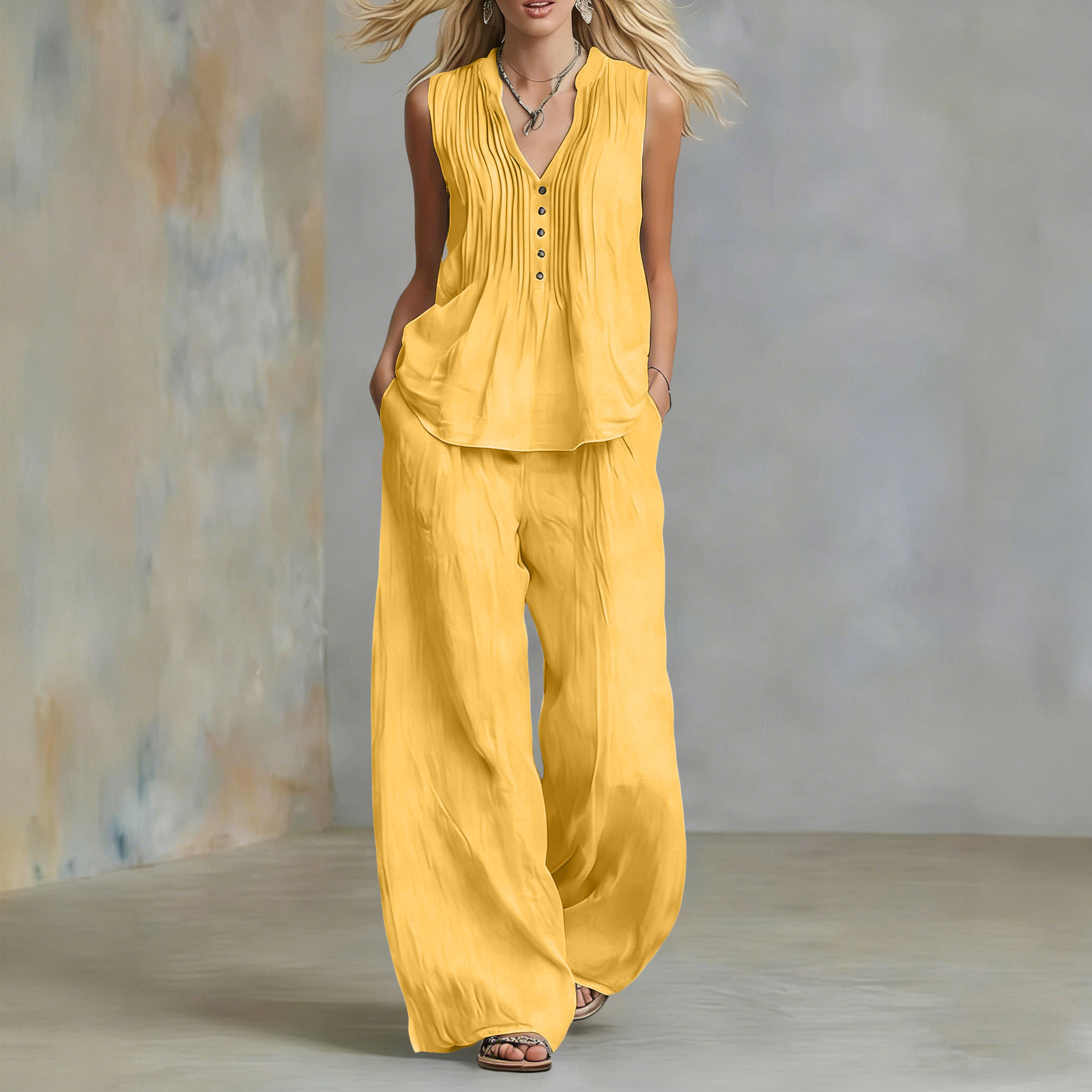 Ensemble deux pièces décontracté pour femme : Gilet sans manches et pantalon long à jambes larges, col en V, couleur unie, pour l'été
