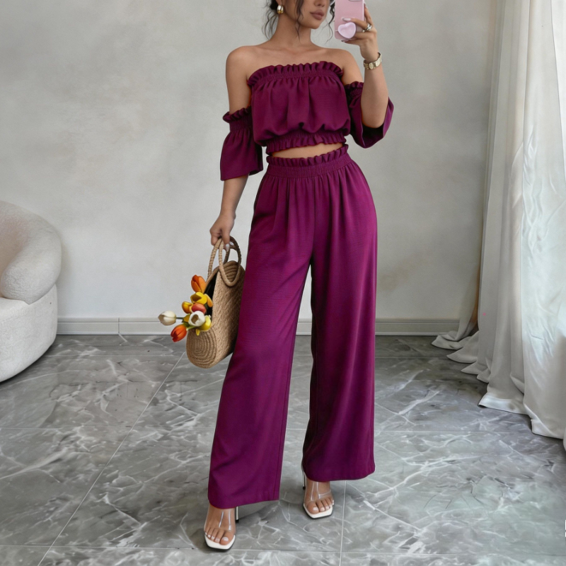 Ensemble 2 pièces pour femme : Haut court à volants épaules dénudées et pantalon large – Tenue décontractée pour l'été, les vacances, les soirées ou comme survêtement de détente