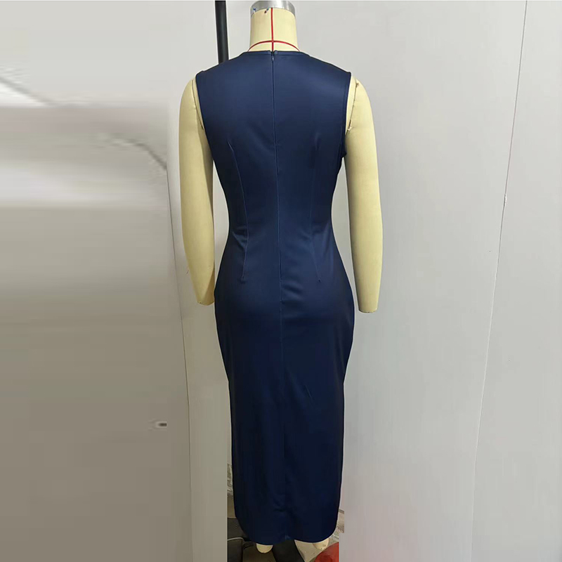 Robe longue élégante sans manches pour femmes, col en V, moulante, Sexy, marine, robe de soirée, bureau, vacances