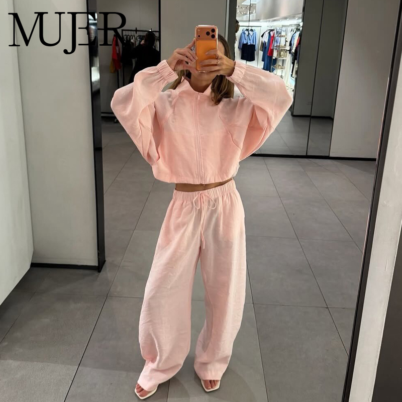 Ensemble pantalon large et veste courte plissée taille mi-haute pour femme - Tenue d'été 2 pièces