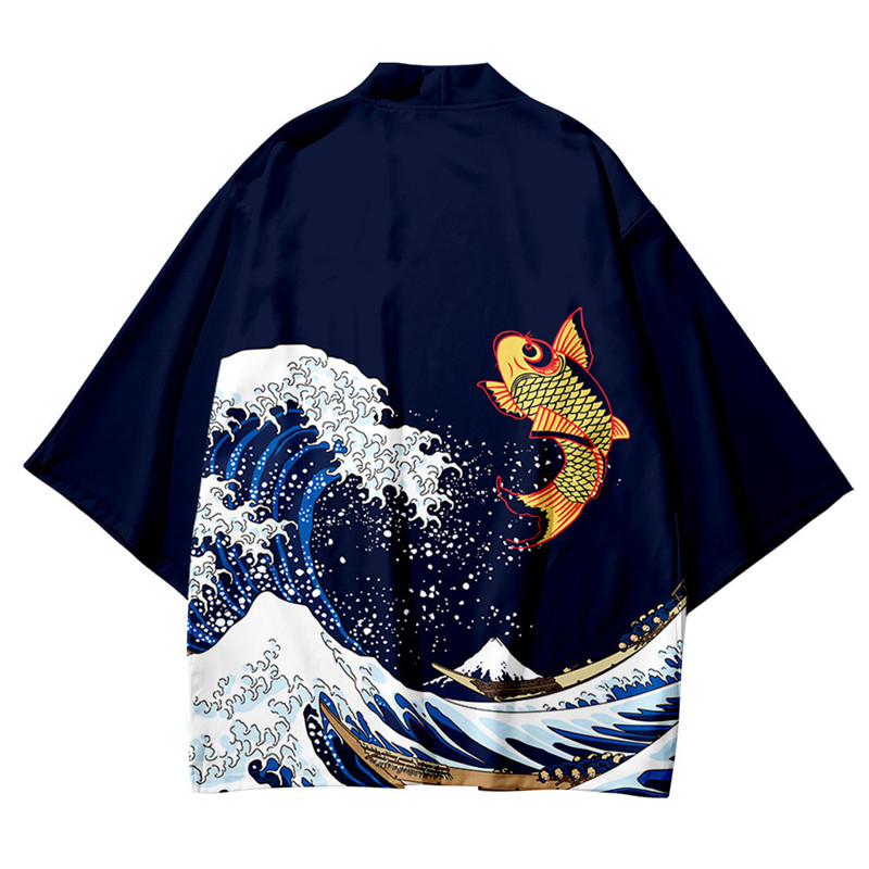 Kimono noir pour femmes et hommes, Obi japonais, Yukata pour garçons, Haori, manteau à imprimé vagues japonaises, vêtements traditionnels japonais