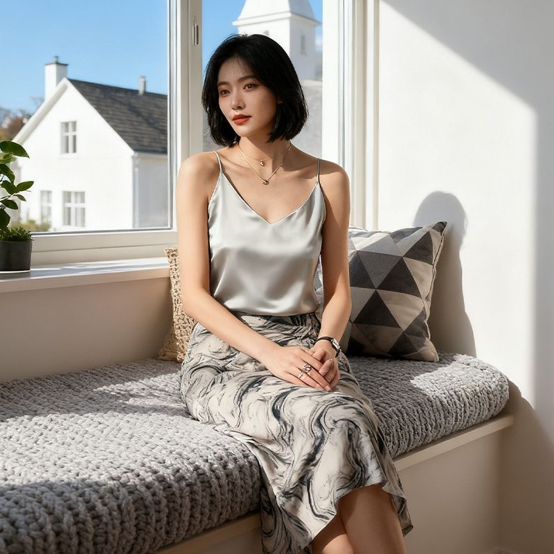 T-shirts pour femmes, élégante blouse en faux satin de soie, débardeurs et camisoles amples décontractés d'été pour femmes, hauts verts unis pour femmes
