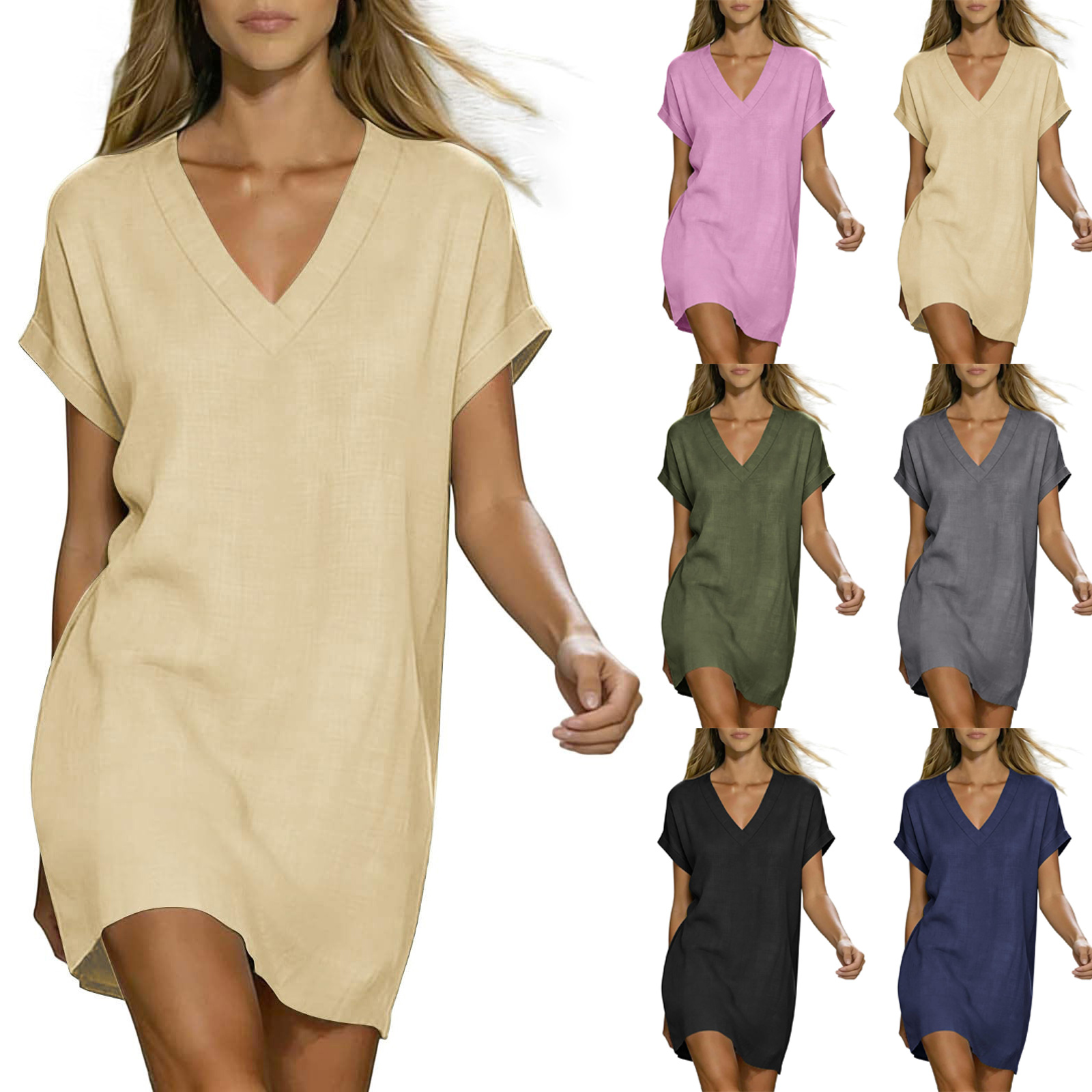 Robes d'été tendance pour femmes 2026 – Robes décontractées en coton et lin à manches courtes, col en V, style t-shirt ample, pour la plage