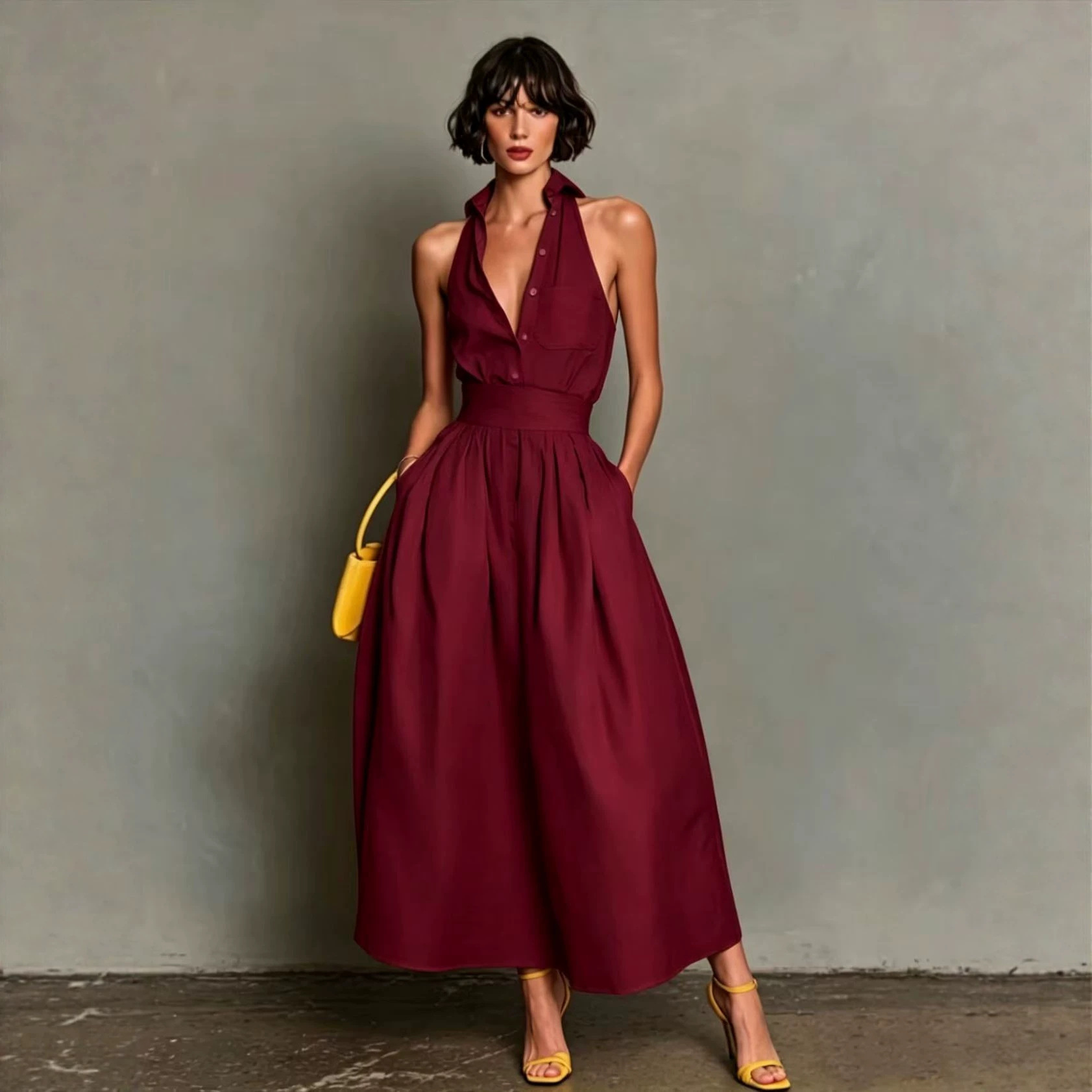 Robe chemise sans manches pour femme, couleur unie, boutonnée, mini, sexy, printemps-été