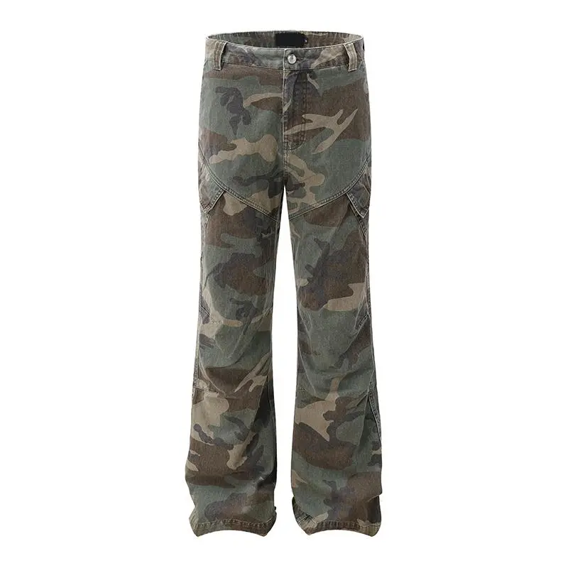 Pantalon cargo ample camouflage coupe bootcut pour homme – Style streetwear décontracté printemps-automne – Tendance rétro américaine