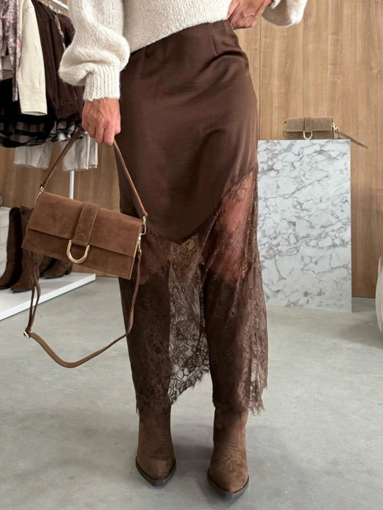 Jupe élégante pour femme, en satin et dentelle avec bordure en cils, taille élastique, style polyvalent pour les quatre saisons, idéale