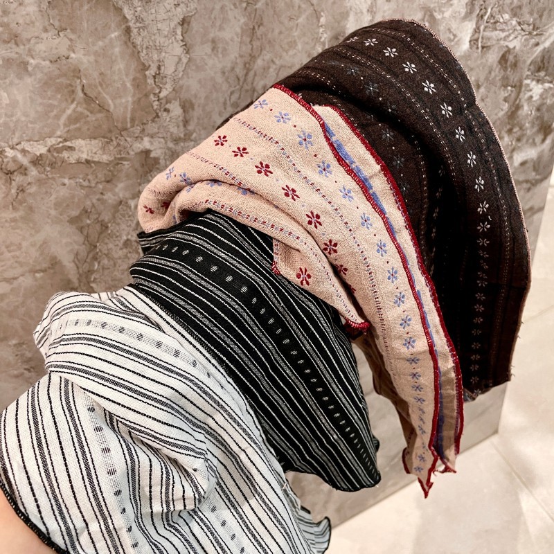Femmes Vintage Floral rayé écharpe respirant coton lin mélange Triangle cou foulard Boho Chic bandeau et collier écharpe
