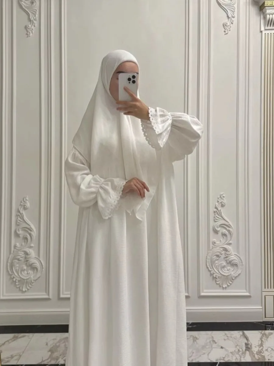 Femmes Robe de prière Abaya dentelle manches évasées Robe longue modeste dubaï Eid musulman Jalabiya Ramadan fête maroc caftan robes arabe