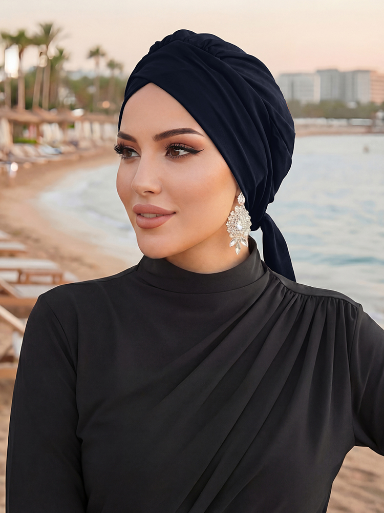 Hijab croisé en tricot pour femmes musulmanes, turban noir en polyester, foulard élégant et respirant pour la plage et les vacances quotidiennes