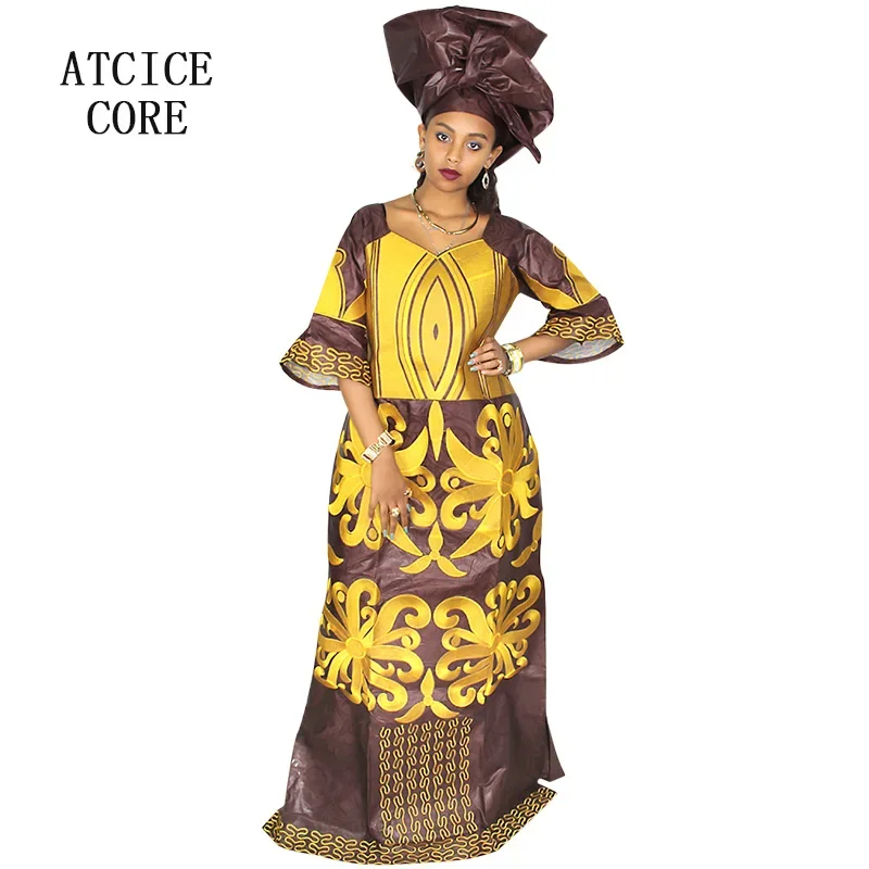 Robe africaine longueur au sol avec écharpe pour femme, motif de broderie, Bazin Riche