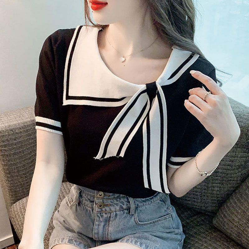 T-shirt décontracté à manches courtes pour femmes, col écharpe, pull tout match, vêtements pour femmes, doux, nouveau, mode, printemps, été