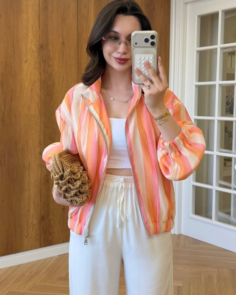 Veste pour femme 2026 Nouvelle collection été à manches longues, coupe ample, à rayures, élégante et chic, avec une touche de personnalité, vêtement d'extérieur pour femme