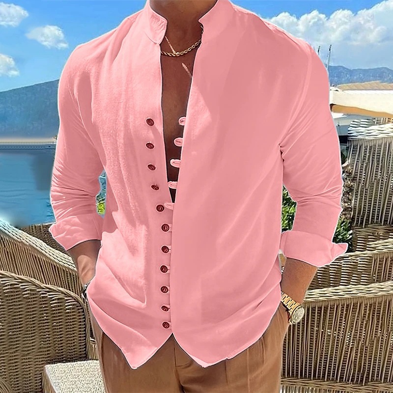 Chemisier d'été en coton et lin pour hommes, chemise ample décontractée à manches longues, couleur unie, cardigan à boutons, col haut, vêtements pour hommes