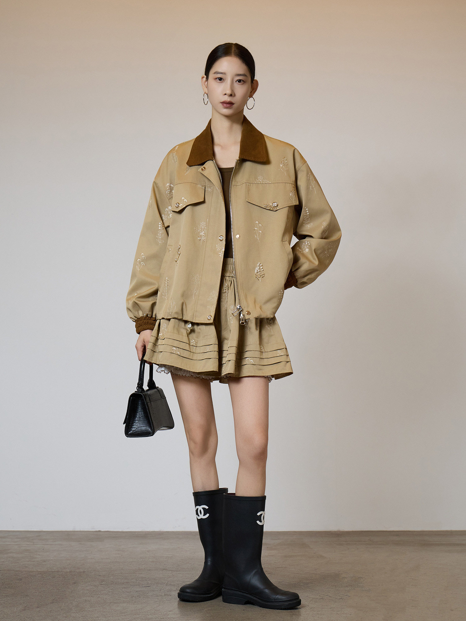 Veste Courte Brodé pour Femme, Manteau Utilitaire Vintage, Coupe Ample Décontractée, Vêtement de Travail Printemps-Automne, Tendance Mode