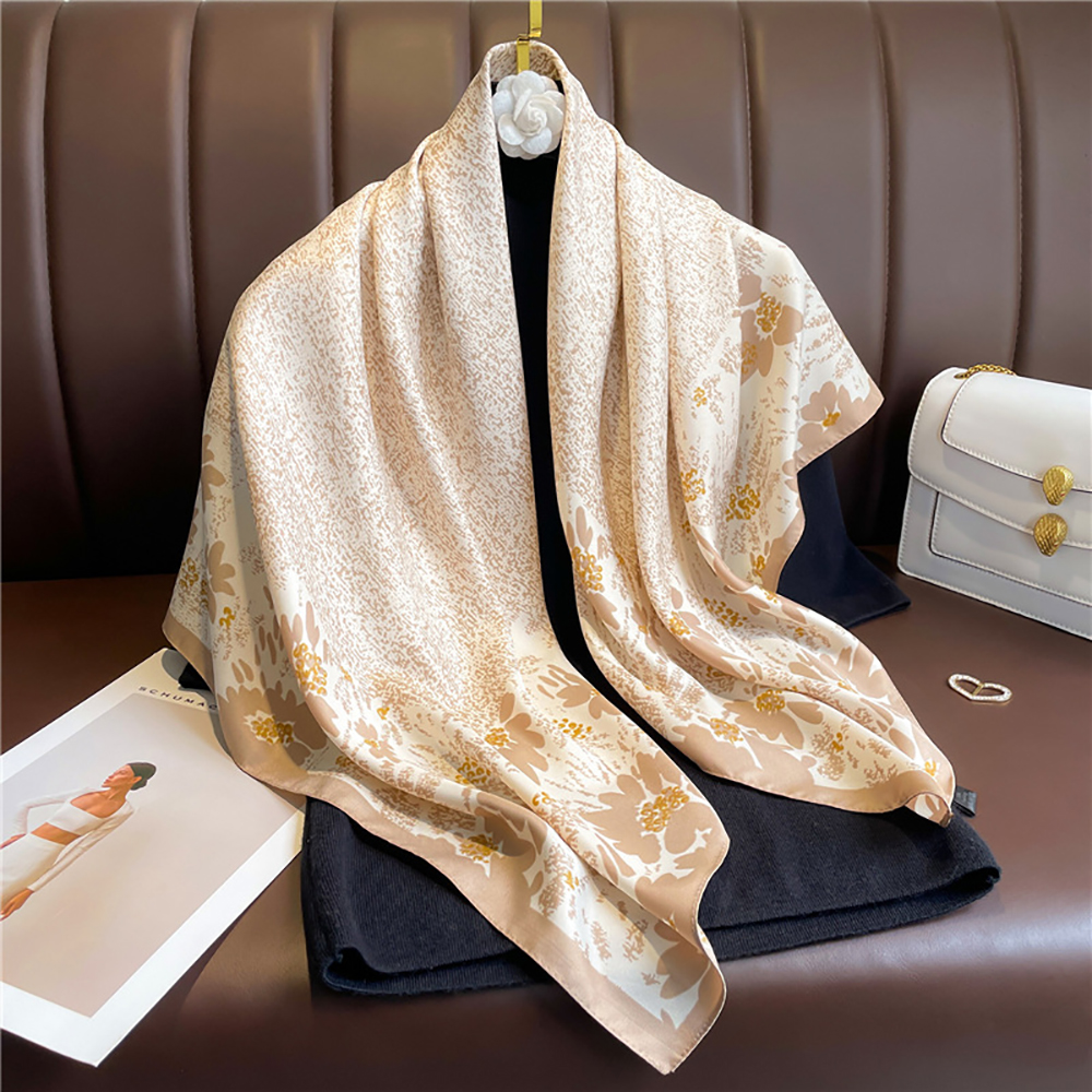 Foulard carré en Satin sergé imprimé de luxe pour femmes, Foulard à fleurs pour cheveux, châle enveloppant, Bandanda Hijab, bandeau pour la tête, 90cm