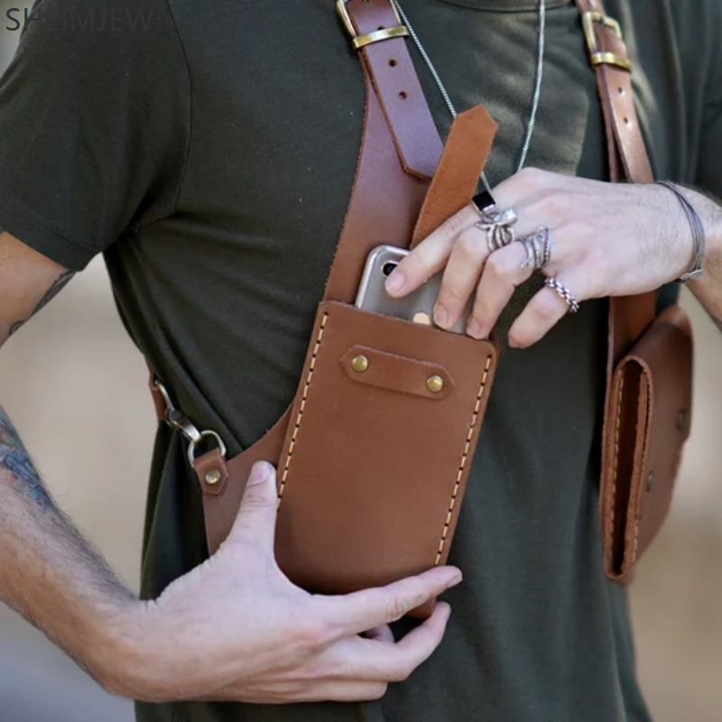 Mode Double bretelles multi-poches hommes en plein air antivol poitrine sac médiéval en cuir multi-fonction sac à bandoulière Walle