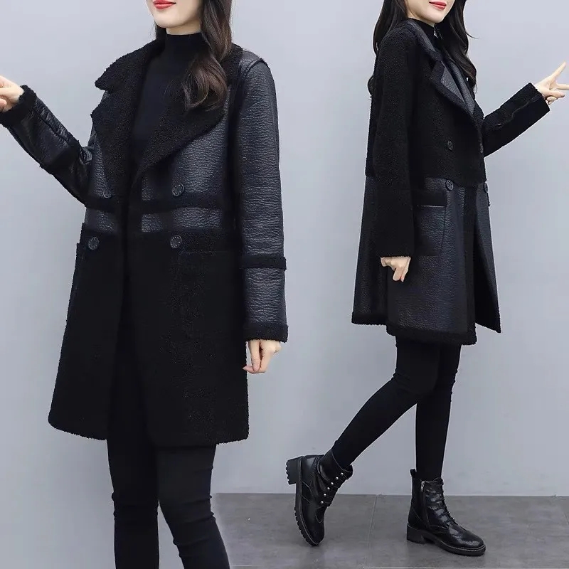 Veste grande taille pour femme, nouveau manteau en fourrure double face, automne hiver 2025, vêtements d'extérieur en laine d'agneau, pardessus Long rembourré, hauts en cuir pour dames