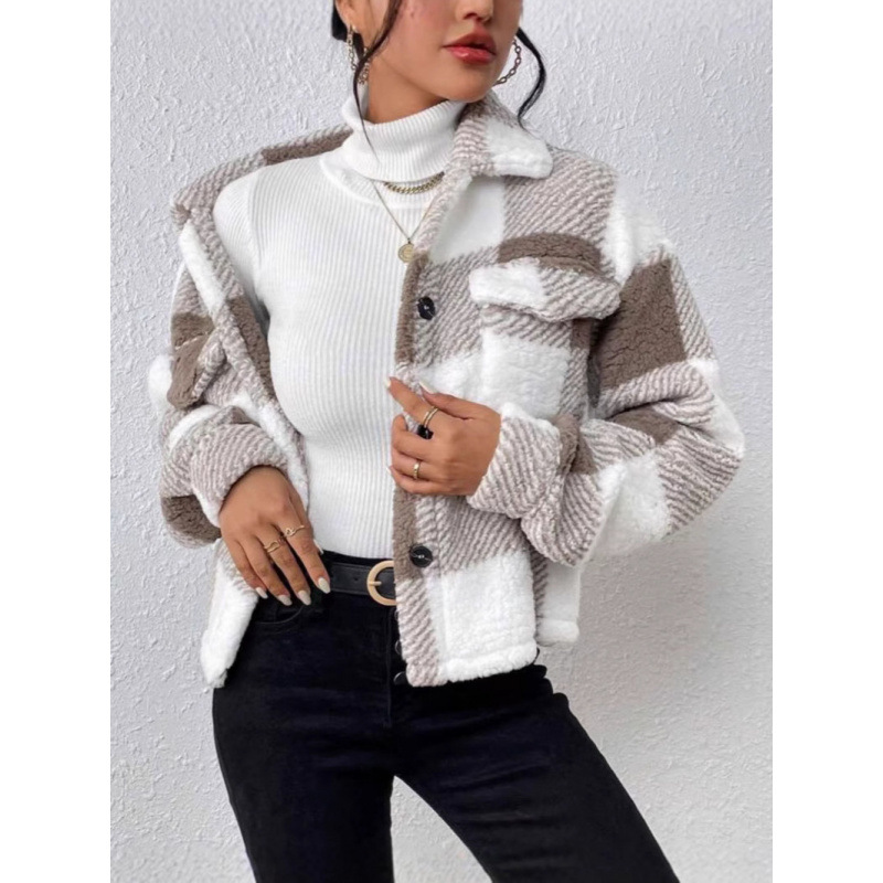 Veste femmes Plaid imprimé manteau en peluche automne hiver Vintage pardessus poches simple boutonnage col rabattu vêtements de dessus pour femmes
