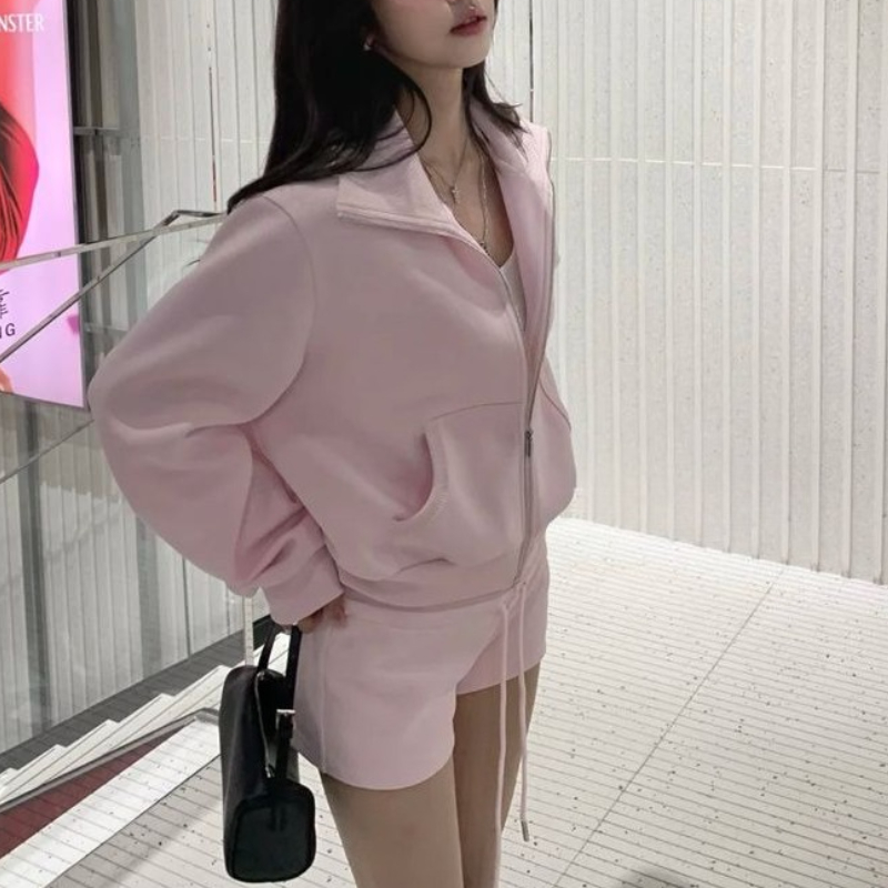 Ensemble 2 pièces décontracté rose de Style coréen pour femmes, veste à capuche avec fermeture éclair + short droit taille haute, Harajuku Chic, Streetwear, nouveau