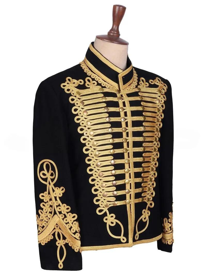 Veste Hussar tressée en or noir, manteau double militaire napoléonien, Costume de Cosplay pour hommes adultes, veste de Style militaire sur mesure