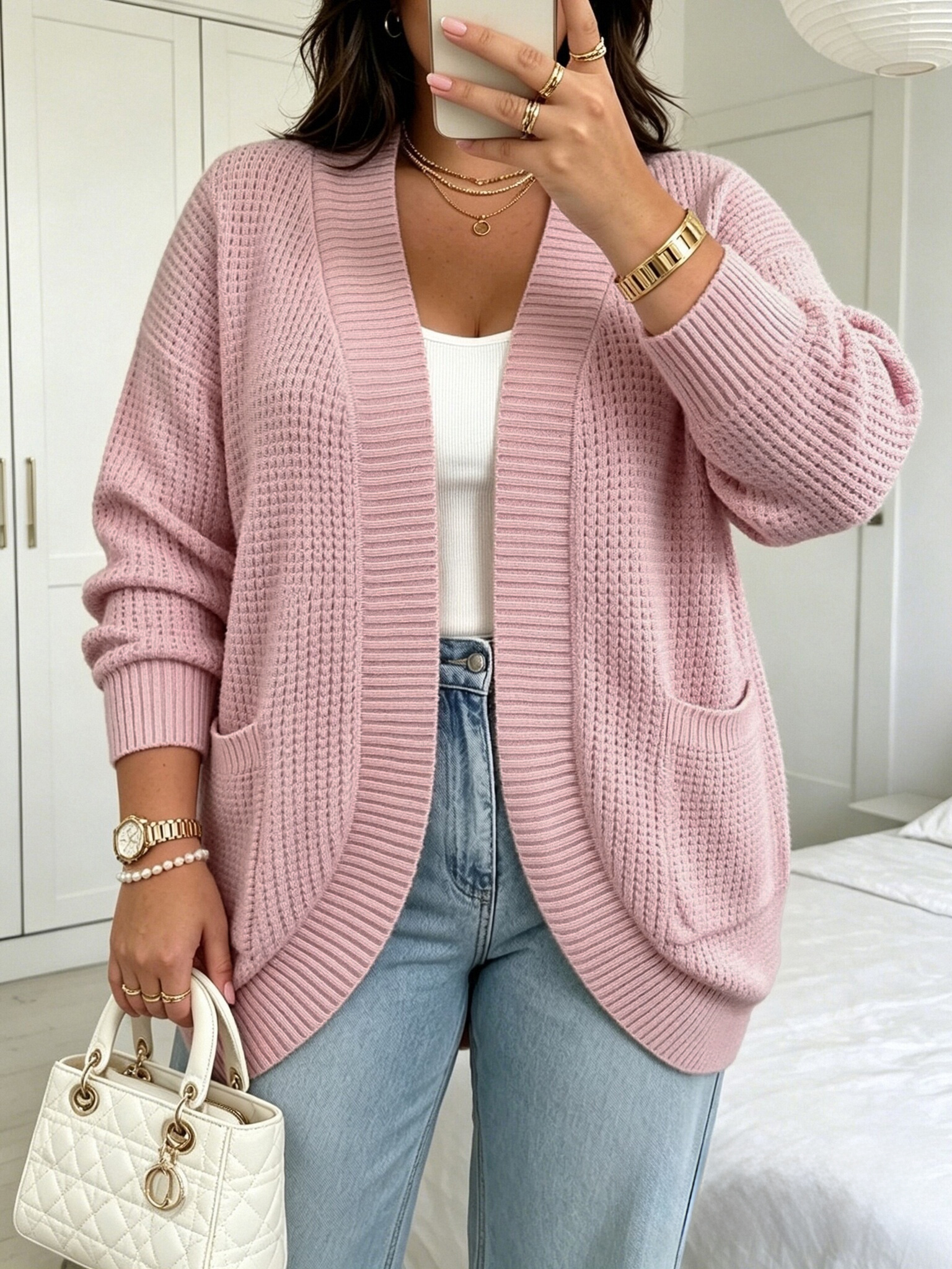 Cardigan ouvert élégant pour femmes, grande taille, pull en maille, vêtement d’extérieur pour l’automne et l’hiver, coupe ample, avec poches, manches longues, idéal pour les vacances et les tenues décontractées.