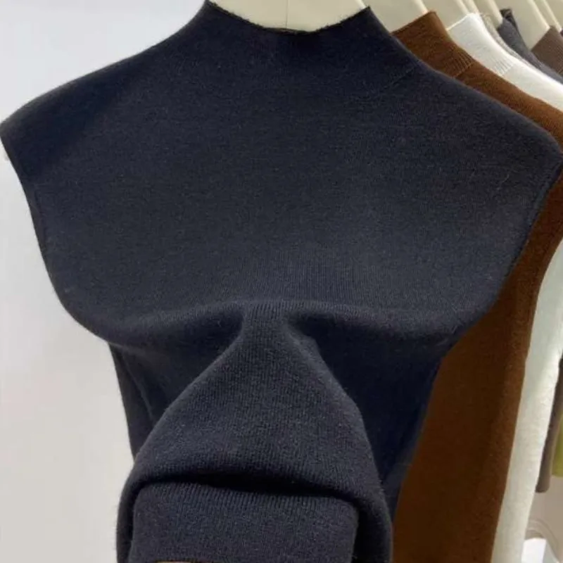 T-shirts tricotés à col mi-haut uni sans manches pour femme, basiques de mode printemps-été, Ropa De Mujer