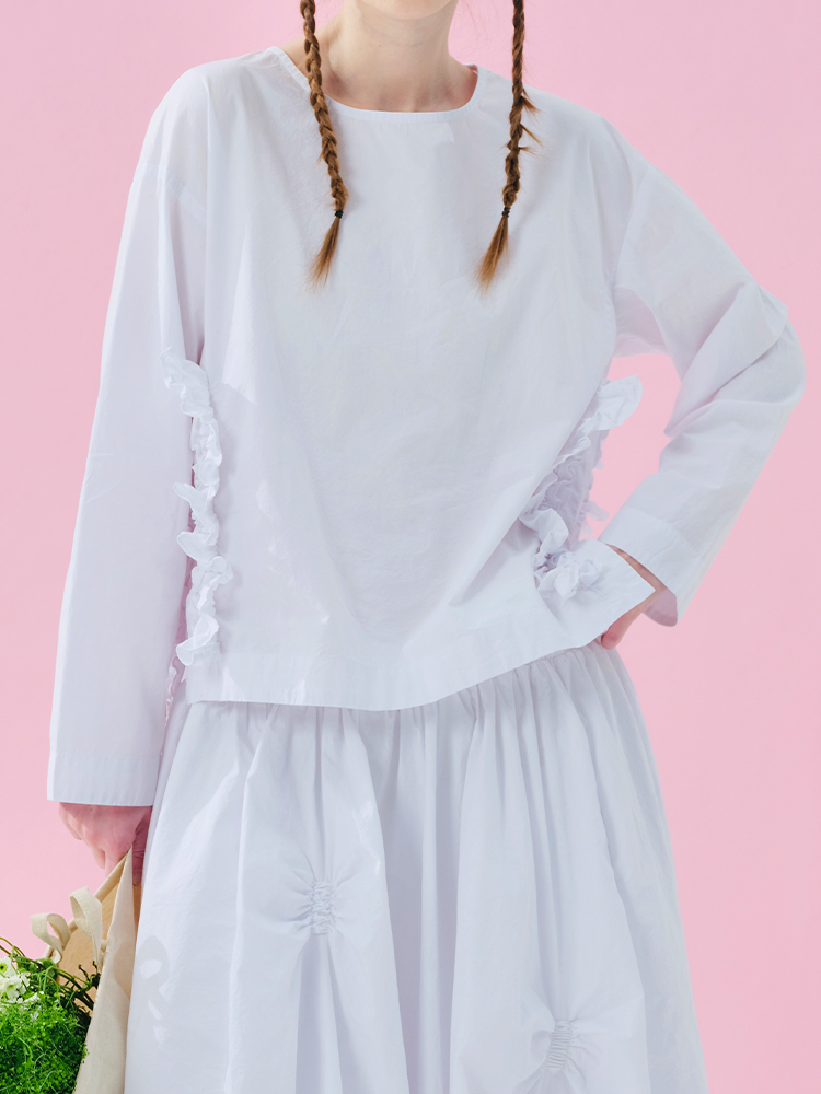 Vêtements féminins, chemises pour femmes, haut à manches longues en dentelle avec empiècements, à volants, avec poche, coupe ample, pull décontracté pour femmes.