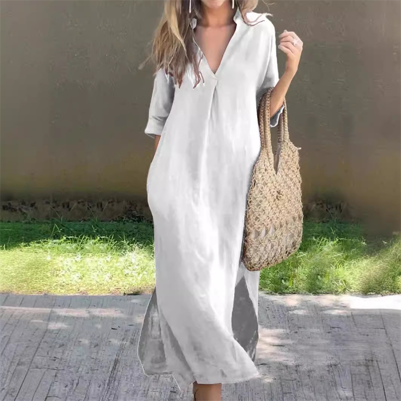 Femmes été coton lin couleur unie robes col en V profond pull robe ample femme sept-quarts manches ourlet fendu robe décontractée