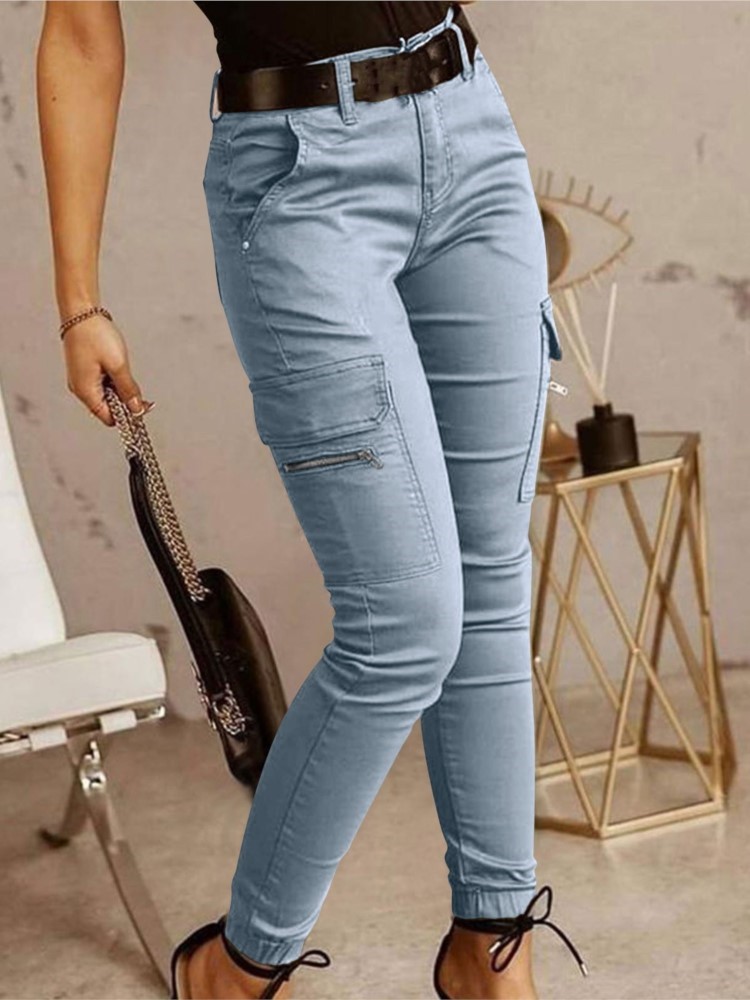 Mode femme pantalon de travail printemps automne décontracté multi-poches serré pied pantalon taille basse bouton couleur unie femmes Leggings